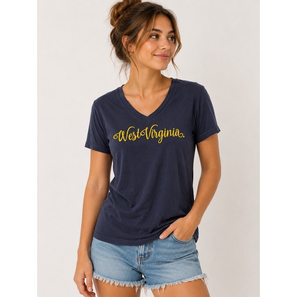 Venley West Virginia Shirt Womens Large Blue‎ V Neck Short Sleeve Graphic Tee